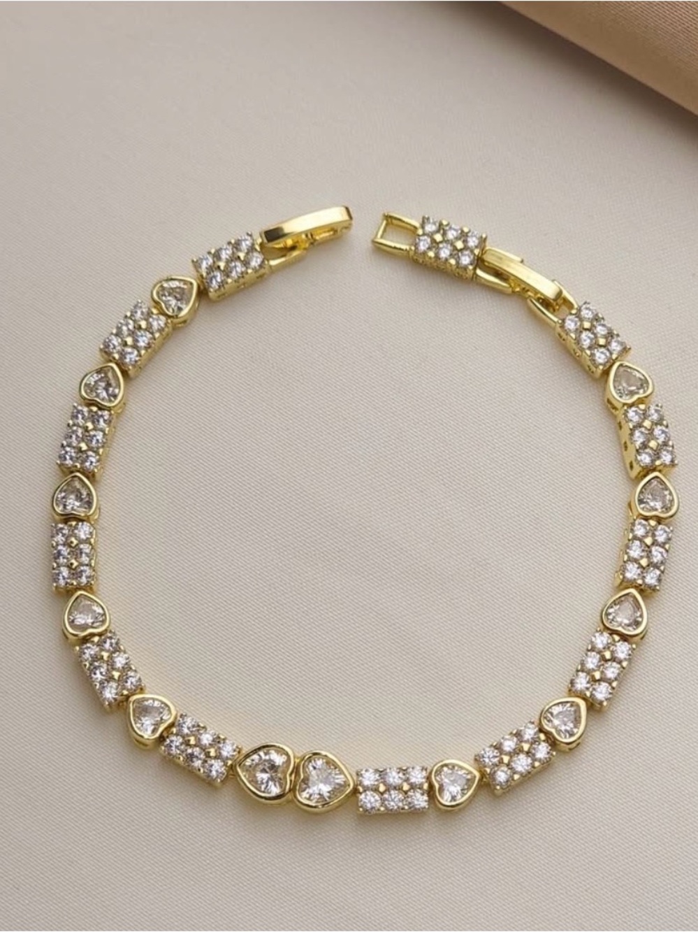 Gold Heart & Rectangle Link Cubic Zirconia Tennis Bracelet